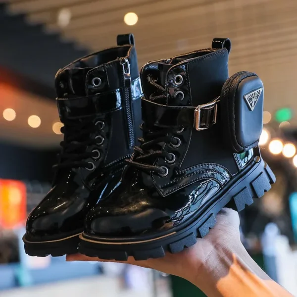 Kids Boots Fashion Patent Leather Girl Shoes British Style Ankle Boots Warm Plush Snow Boot Waterproof Non-slip Children's Shoes