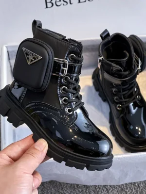 Kids Boots Fashion Patent Leather Girl Shoes British Style Ankle Boots Warm Plush Snow Boot Waterproof Non-slip Children's Shoes