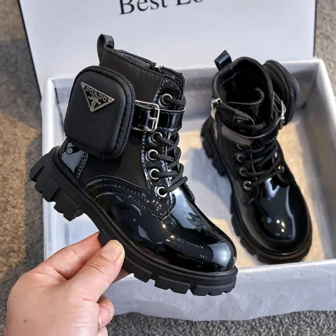 Kids Boots Fashion Patent Leather Girl Shoes British Style Ankle Boots Warm Plush Snow Boot Waterproof Non-slip Children's Shoes