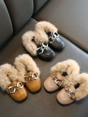 Kids Fur Shoes Children Velvet Shoes Baby Girls Warm Flats Toddler Black Brand Shoes Princess Loafer Chain Moccasin For Winter