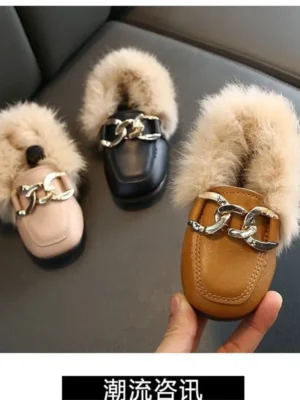 Kids Fur Shoes Children Velvet Shoes Baby Girls Warm Flats Toddler Black Brand Shoes Princess Loafer Chain Moccasin For Winter 2