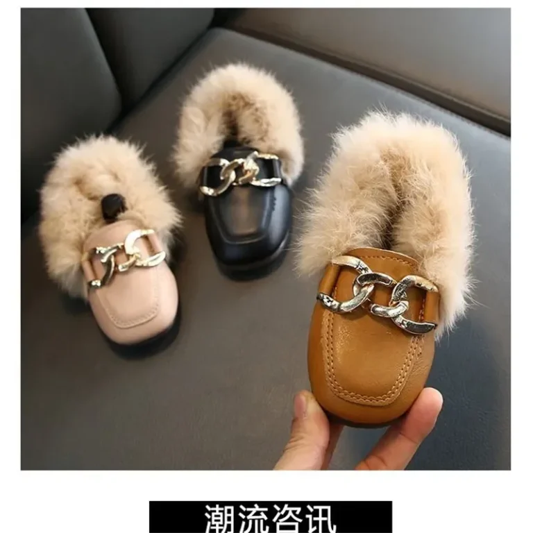 Kids Fur Shoes Children Velvet Shoes Baby Girls Warm Flats Toddler Black Brand Shoes Princess Loafer Chain Moccasin For Winter 2