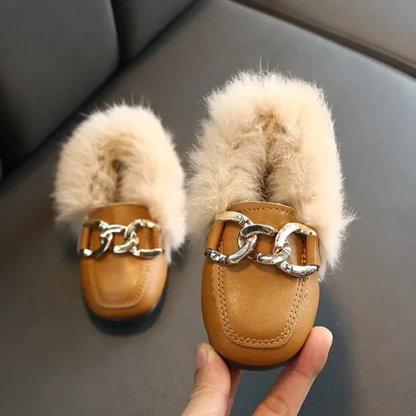 Kids Fur Shoes Children Velvet Shoes Baby Girls Warm Flats Toddler Black Brand Shoes Princess Loafer Chain Moccasin For Winter